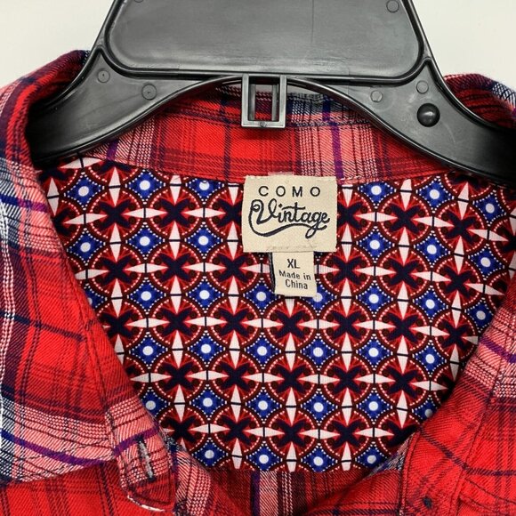 Como Vintage Top Red Plaid Button Down Roll Tab Long Sleeve Shirt - Picture 3 of 11